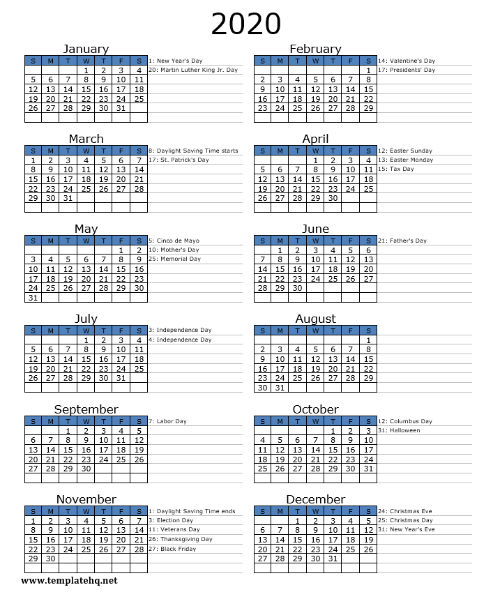 2020 calendar with holidays 2020 calendar with holidays