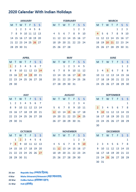 2020 calendar with indian holidays 2020 calendar with indian holidays