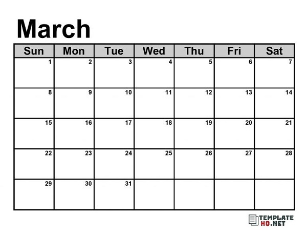 March Calendar Template Editable
