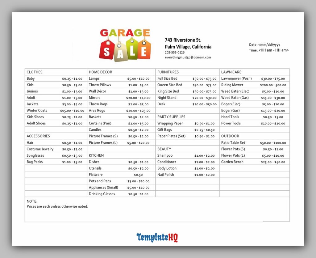 Garage Sale Price List Template Garage Sale Price List Template