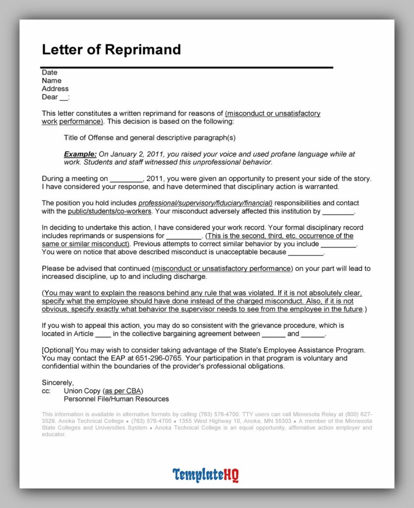 letter of Reprimand Template letter of Reprimand Template