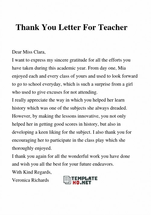 Thank You Letter for Teacher Thank You Letter for Teacher