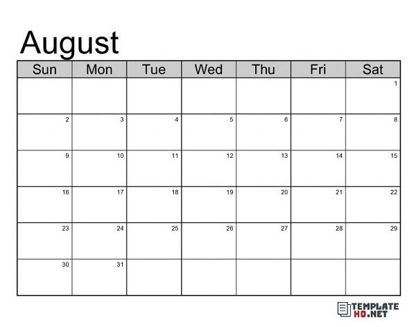 August monthly calendar template