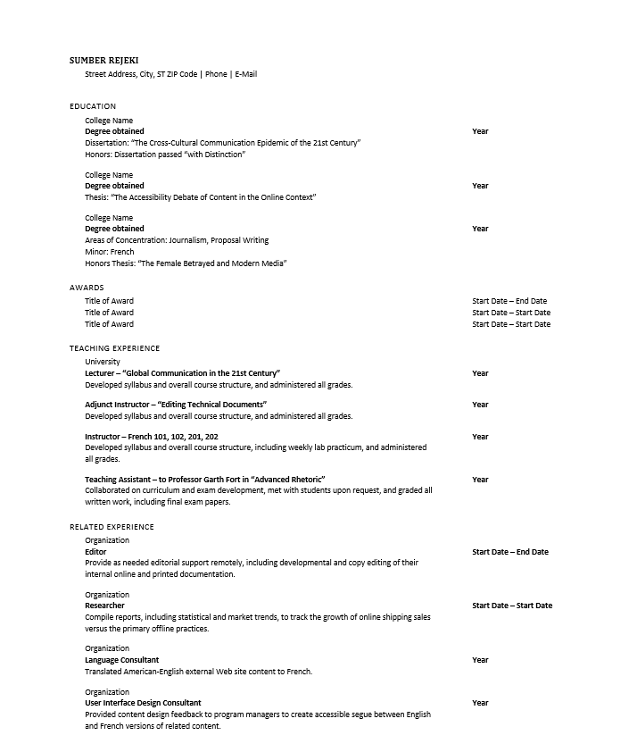 Curriculum Vitae Templates Curriculum Vitae Templates