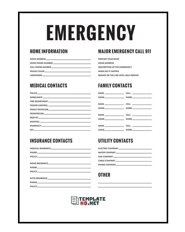 Emergency Contact List Template for Home