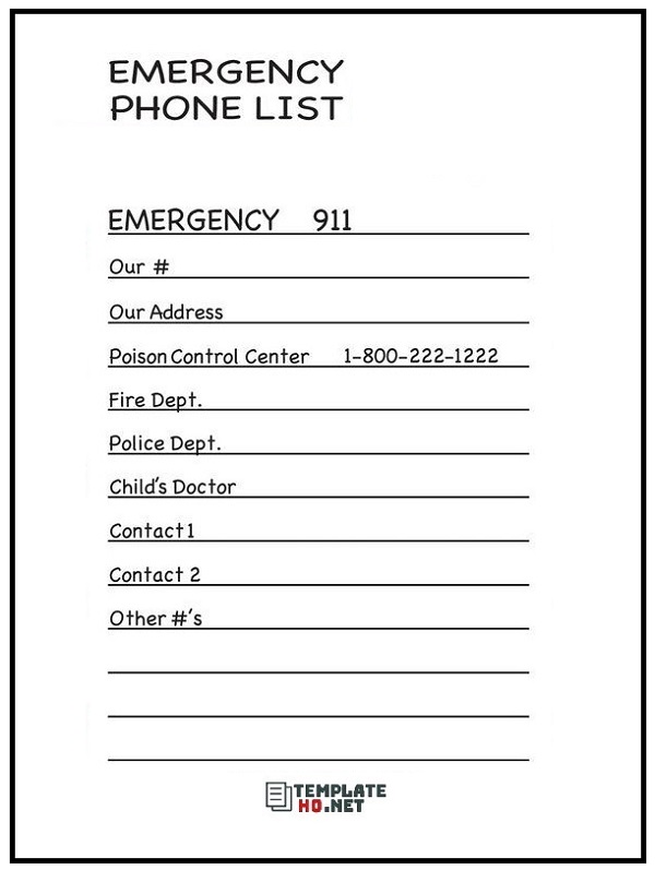 Emergency Contact List Template for Kids