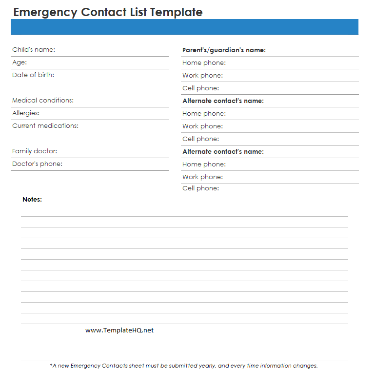 Emergency Contact List Template Emergency Contact List Template