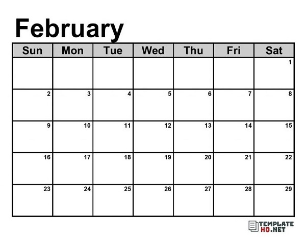 February monthly calendar template