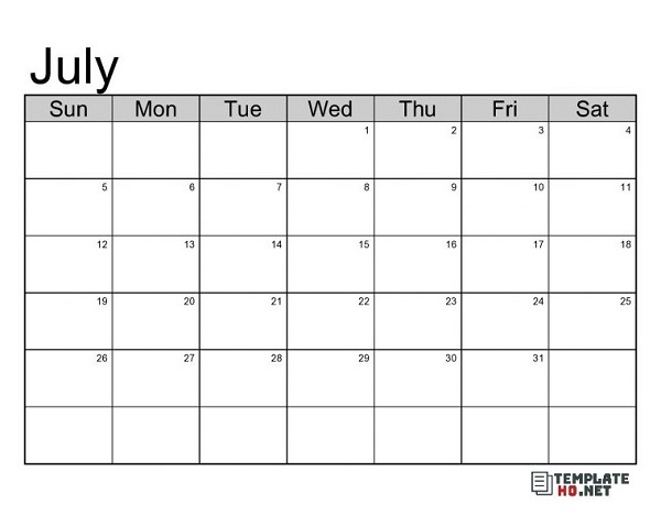 Free July Calendar Printable