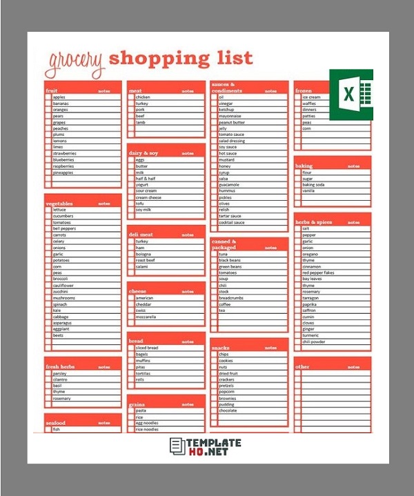 Grocery Shopping List Excel
