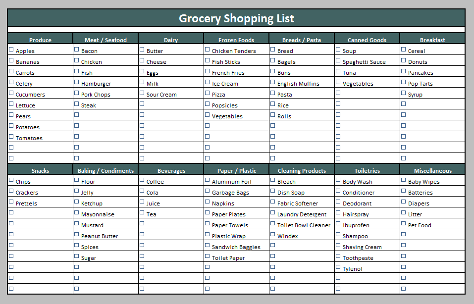 Grocery Shopping List Grocery Shopping List