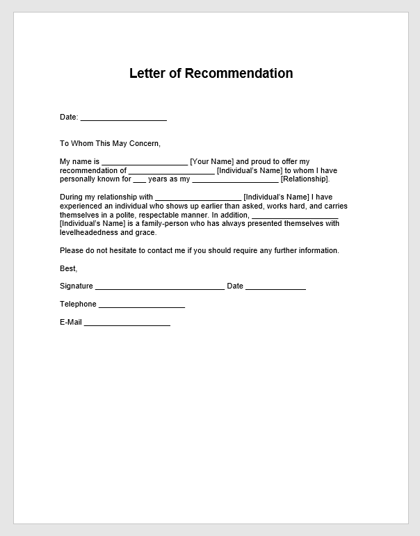 Letter Of Recommendation Letter Of Recommendation