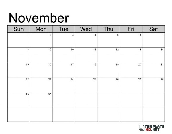 November monthly calendar template