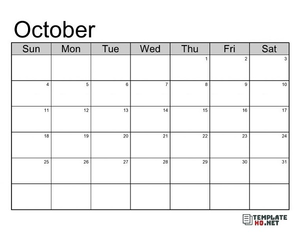 October monthly calendar template