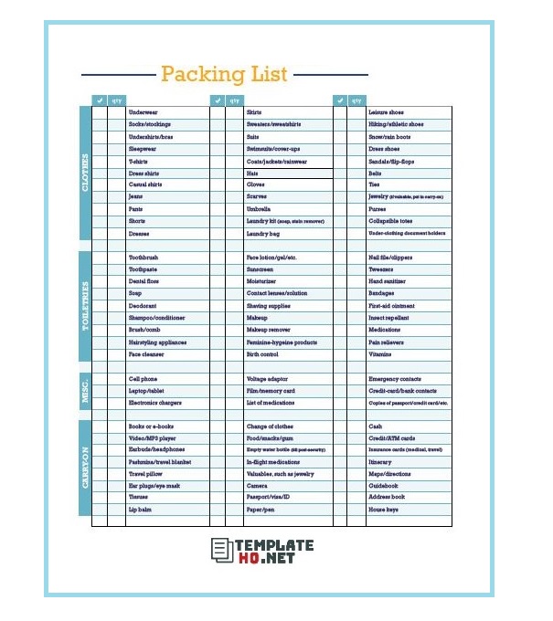 Packing list excel