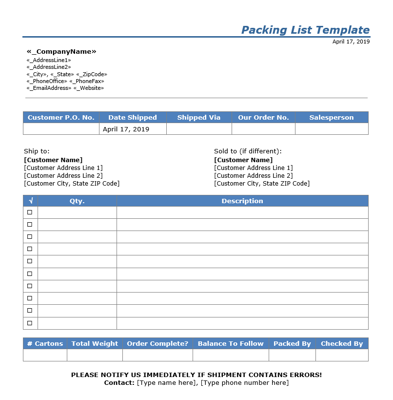 Packing List Template Packing List Template