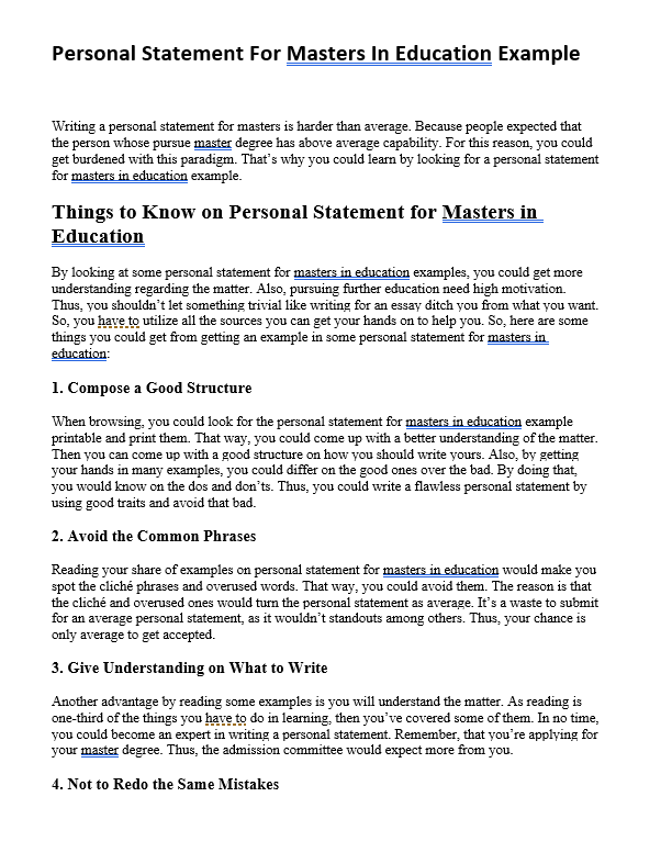 Personal Statement For Masters In Education Example Personal Statement For Masters In Education Example