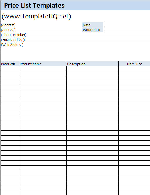 Price List Templates Price List Templates