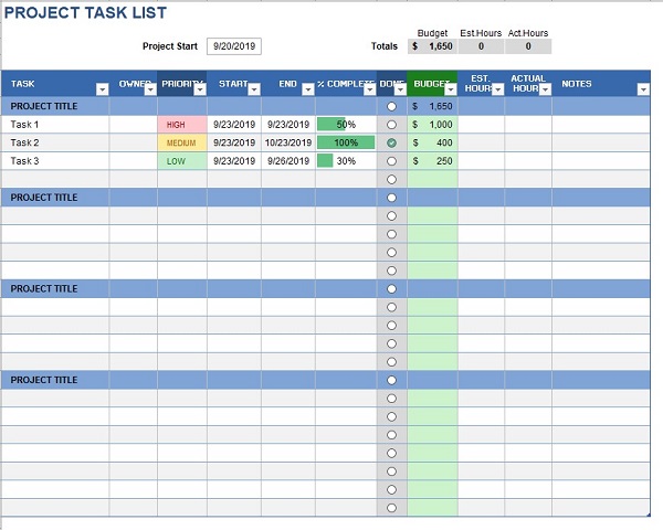 Project Management Task List Template Excel