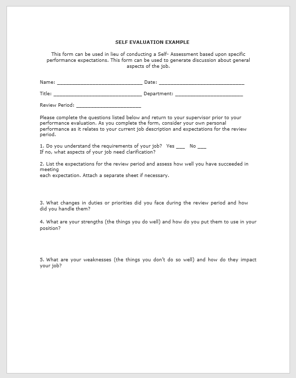 Self Evaluation Examples Self Evaluation Example