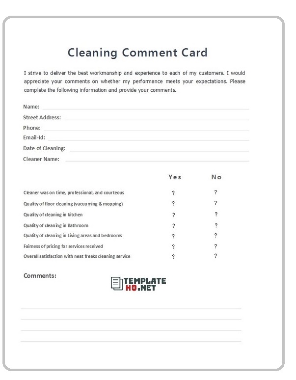 cleaning comment card template