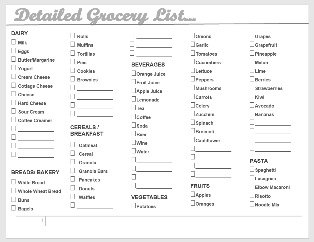 grocery list template free