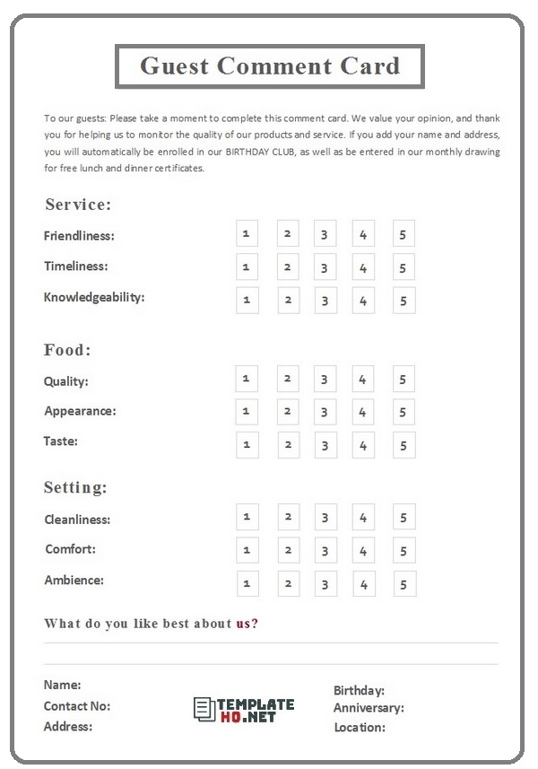 guest comment card template