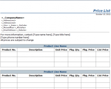 price list templates