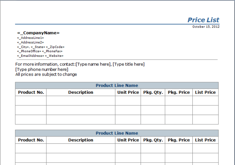 price list templates