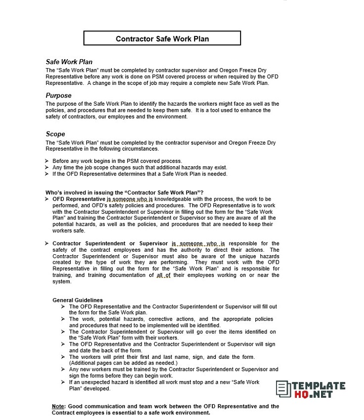 Contractor Safe Work Plan Template