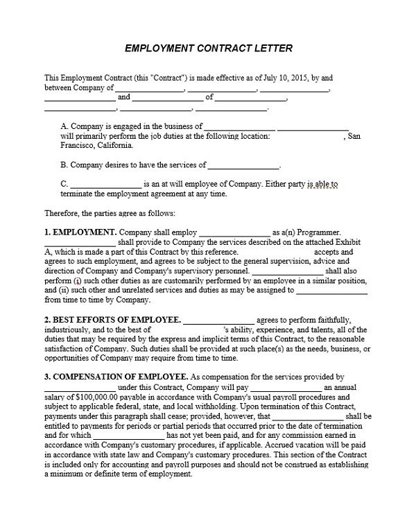 Employee Contract Letter