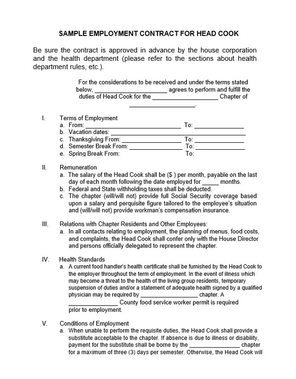 Employment Contract for Head Cook