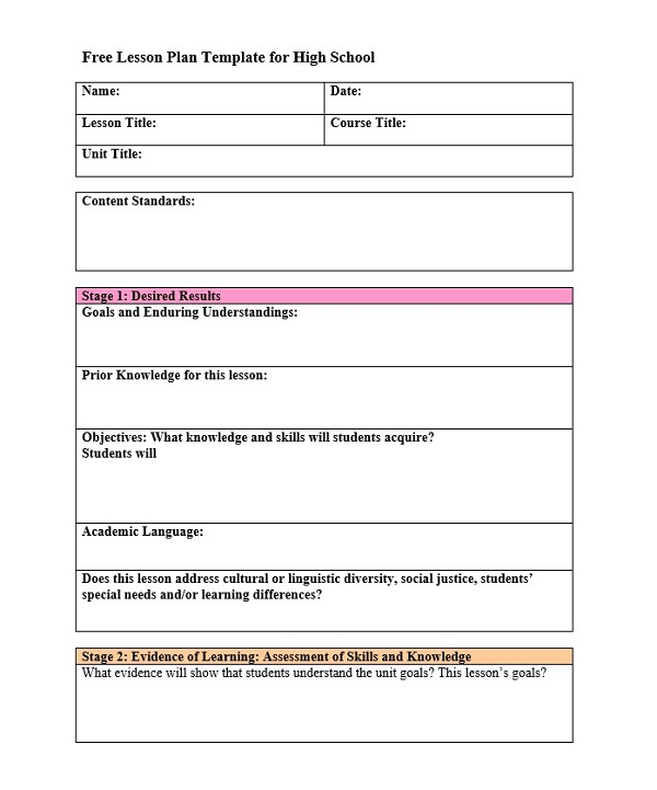 Free Lesson Plan Template For High School Free Lesson Plan Template For High School