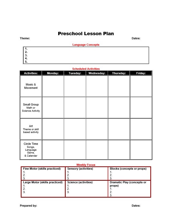 Lesson Plan Template for Preschool Lesson Plan Template for Preschool