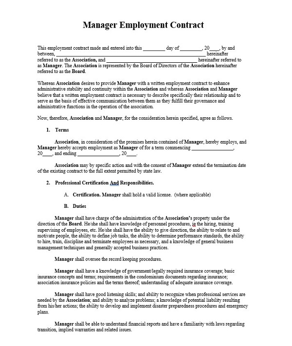 Manager Employment Contract