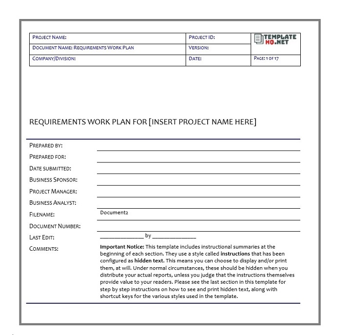 Requirements Work Plan Template