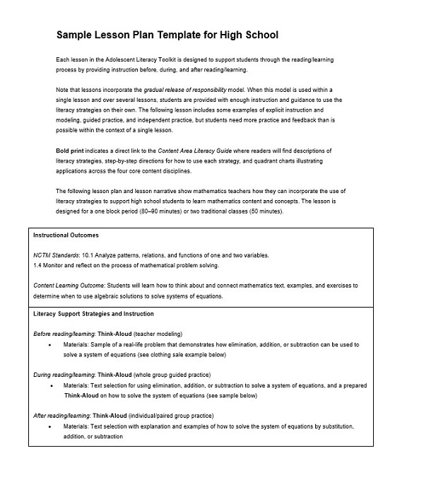 Sample Lesson Plan Template For High School Sample Lesson Plan Template For High School