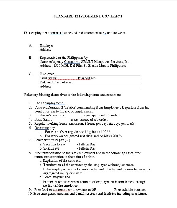 Standard Employment Contract