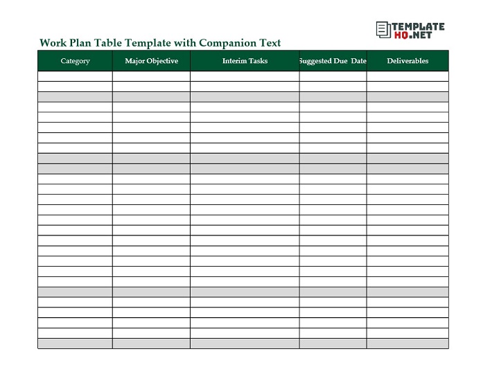 Work Plan Table Template