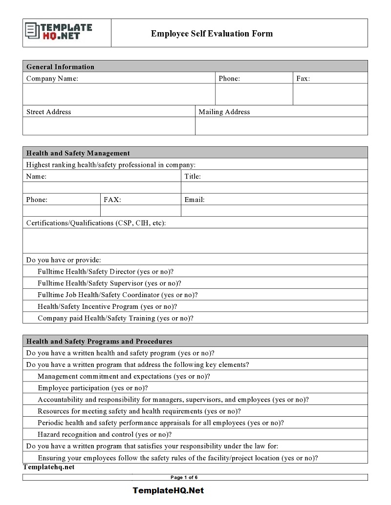 Blank Employee Self Evaluation Form Template