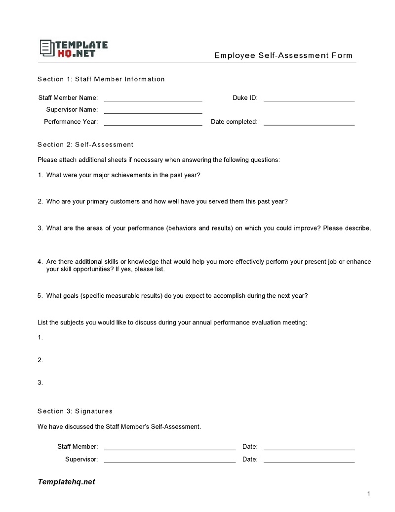 Employee Self Assessment Evaluation Form Template