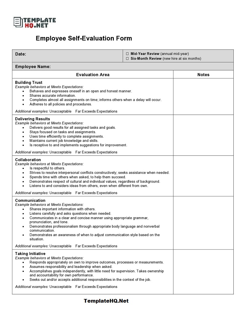 Template For Employee Self Evaluation Form