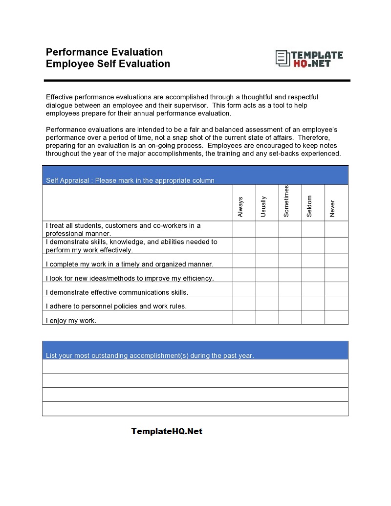 Performance Evaluation Employee Self Evaluation