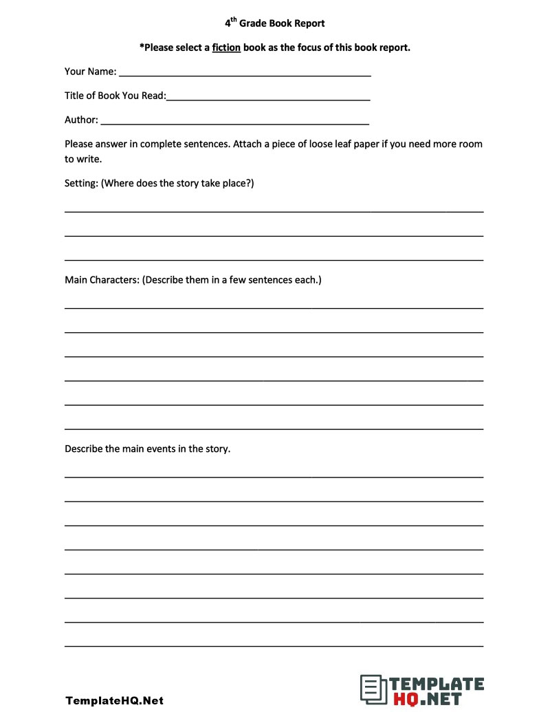 4th Grade Book Report 4th Grade Book Report