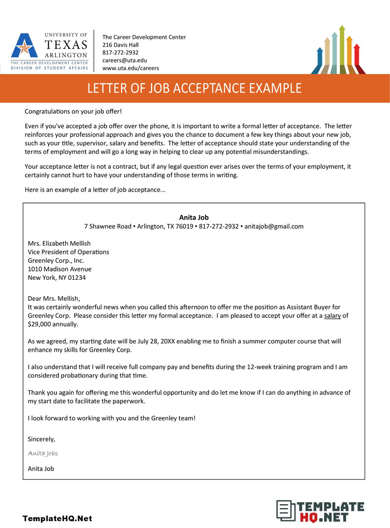 Acceptance Letter of Job Offer Example Acceptance Letter of Job Offer Example