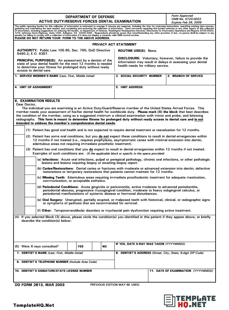 Army Dental Exam Form Sample Army Dental Exam Form Sample
