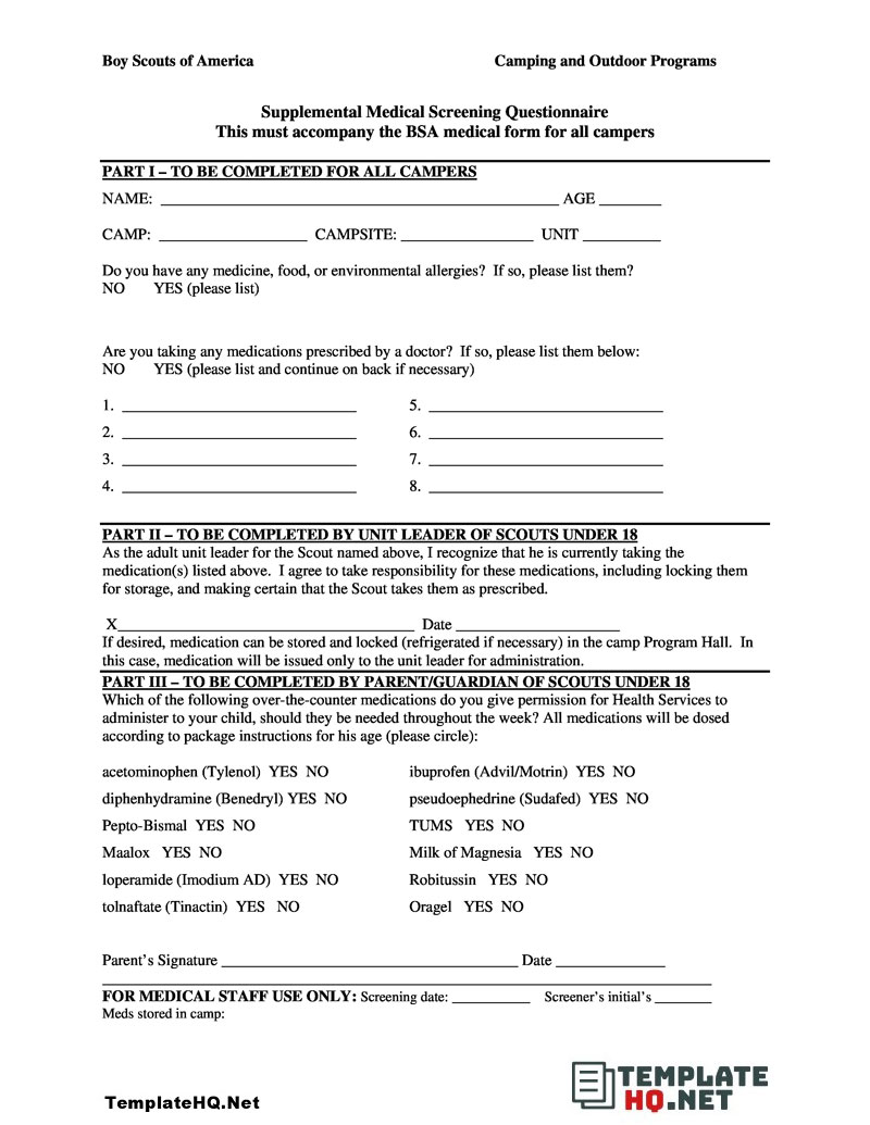 BSA Medical Screening Form Format BSA Medical Screening Form Format