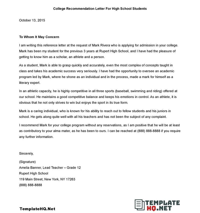 Recommendation Letter From Teacher To Student For College from www.templatehq.net