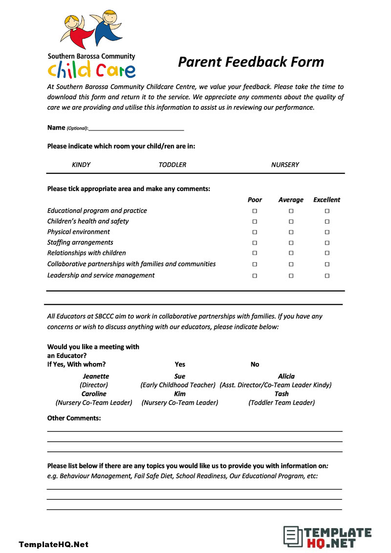 Day Care Parent Feedback Form