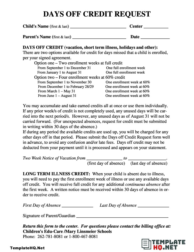 Day Off Credit Request Form